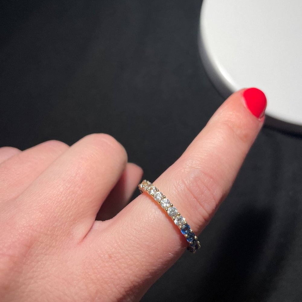 Swarovski crystal Yellow Gold band half clear half sapphire blue Sz 8